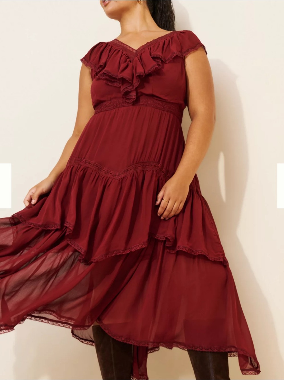 Anthropologie Burgundy Ruffle Midi Dress